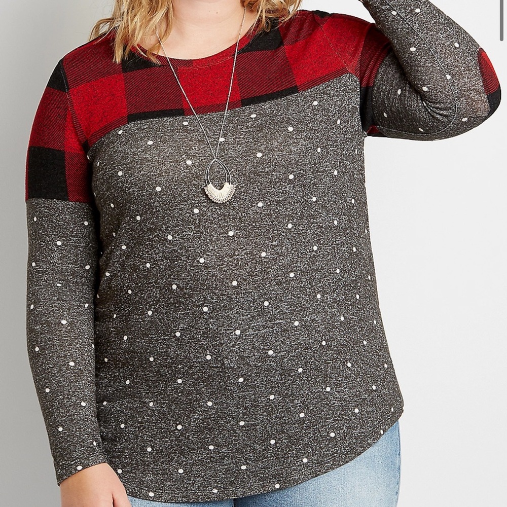 Maurices Buffalo Plaid/Polka Dot Football Tee, 3X, Red/Black/Grey/White